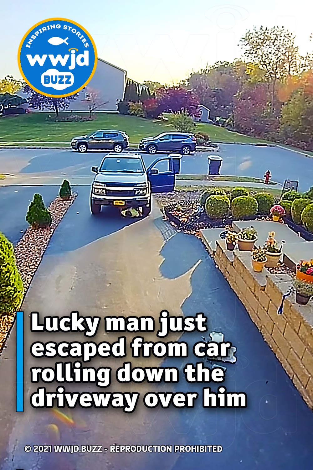 Lucky man just escaped from car rolling down the driveway over him