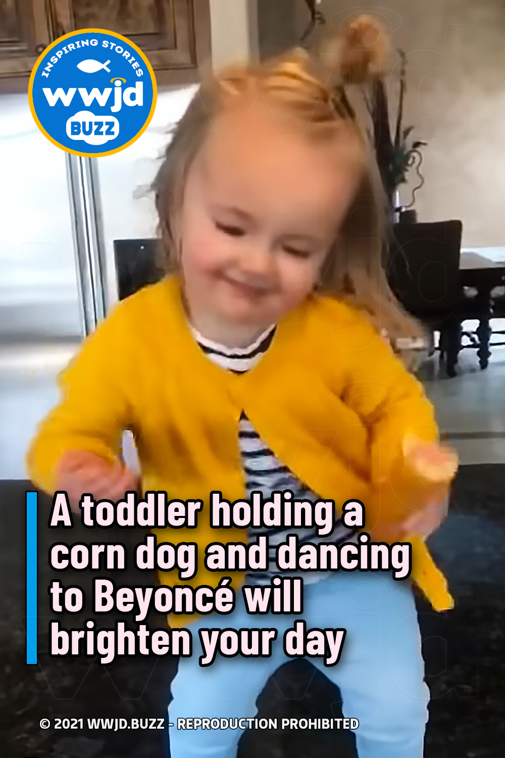 A toddler holding a corn dog and dancing to Beyoncé will brighten your day
