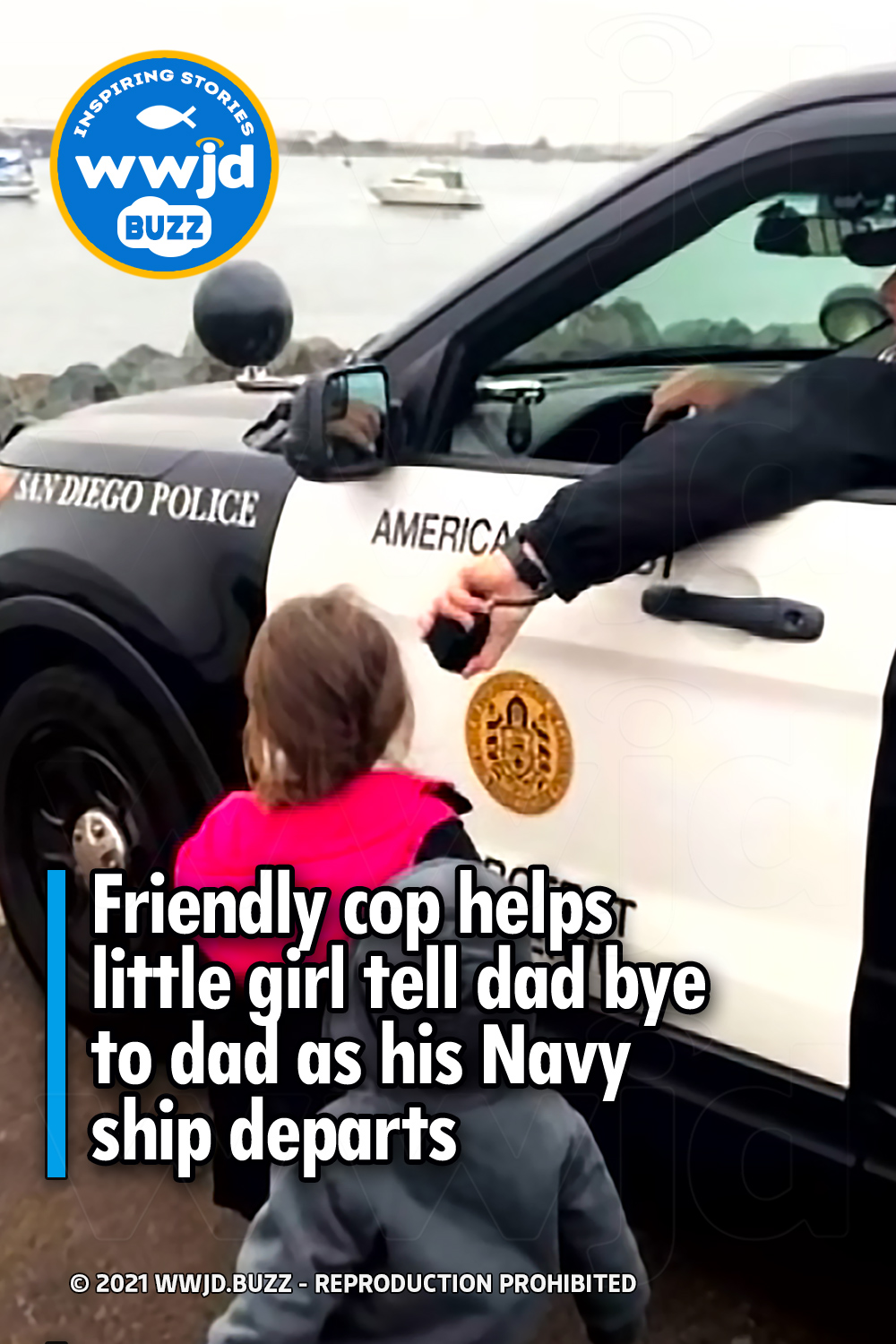 Friendly cop helps little girl tell dad bye to dad as his Navy ship departs