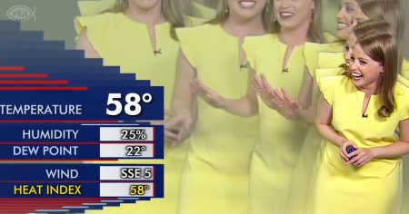 Meteorologist laughs at a screen glitch