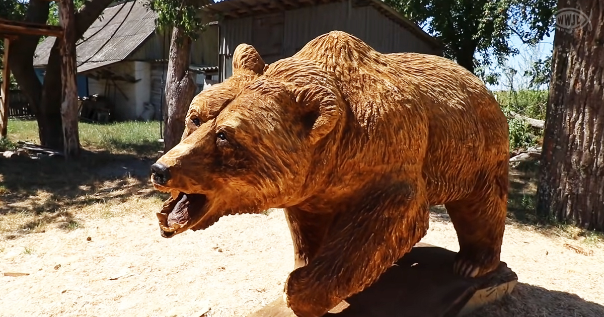 Wood carve creates amazing life-size wooden bear