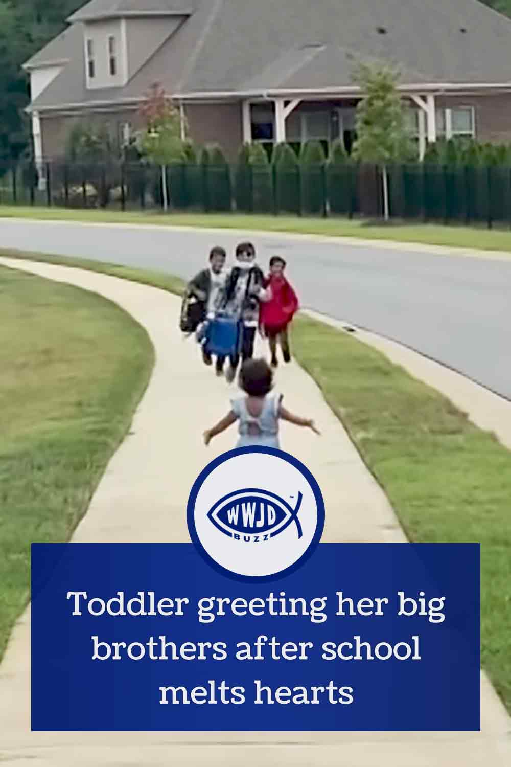 Toddler greeting her big brothers after school melts hearts